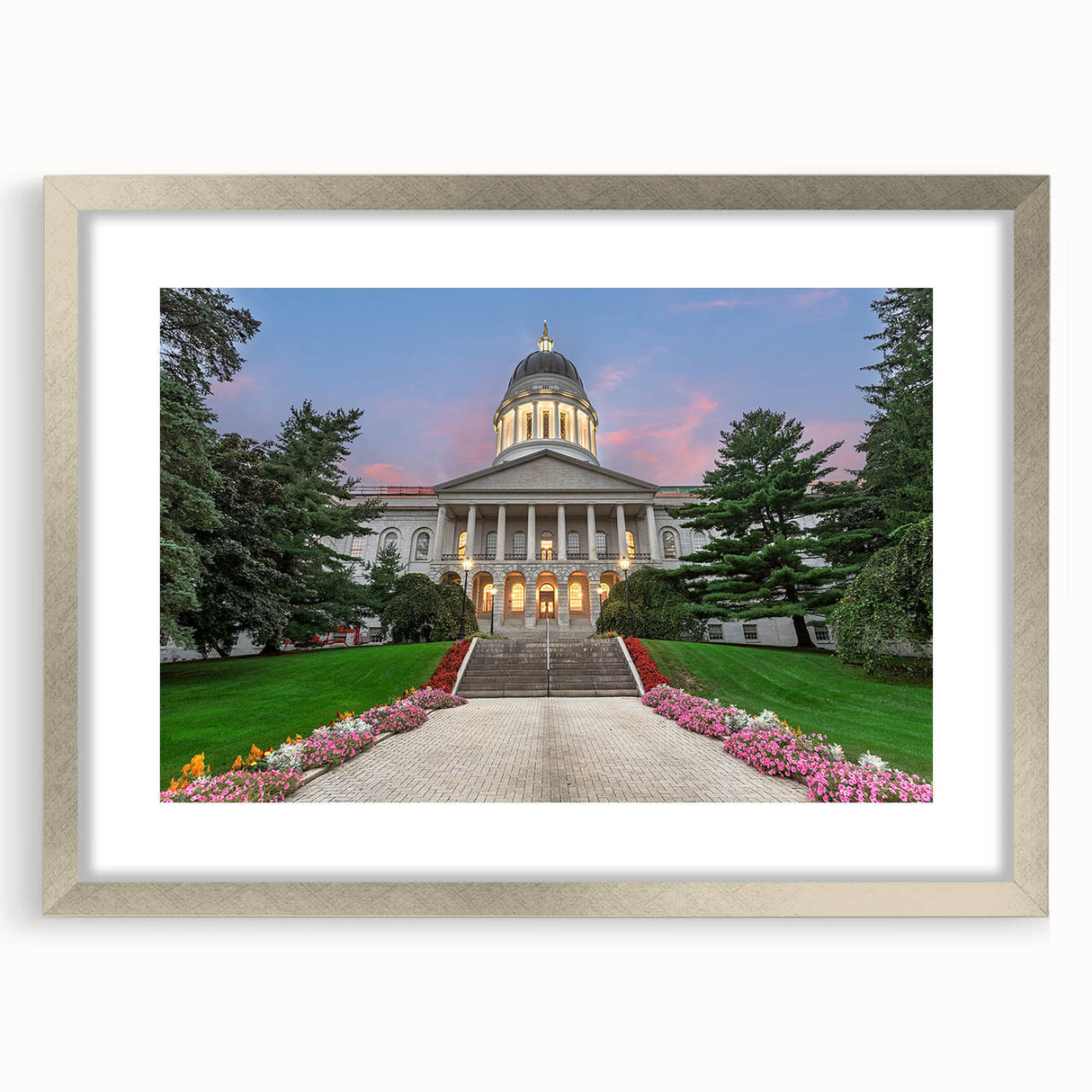 Textured art depicting an abstract Maine landscape in muted blues and grays, framed with a silver mat.