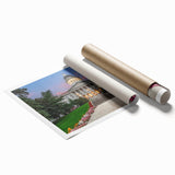 Roller-printed landscape of Maine with vibrant floral designs in pastel colors, ideal for classy bathroom wall art.