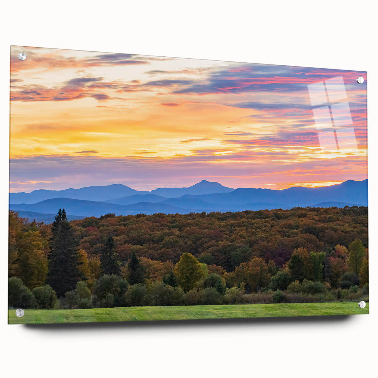 Acrylic print of a Vermont landscape in autumn hues, ideal for dining room decor.