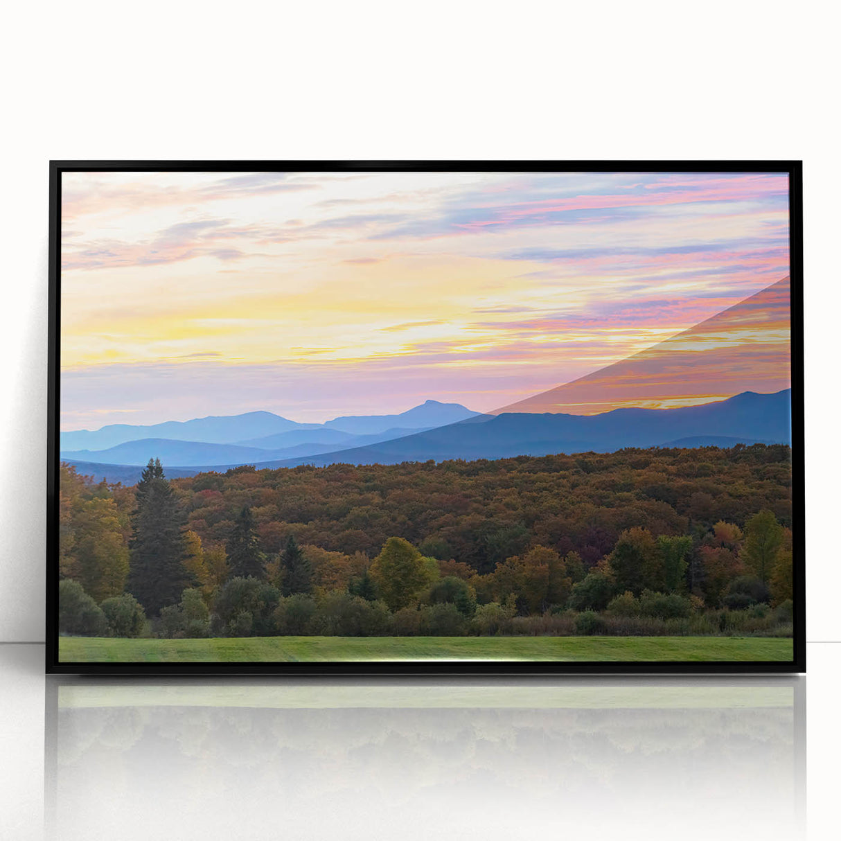 Large abstract wall art depicting a Vermont landscape in muted earth tones on a black framed acrylic print.