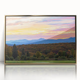 Large art print of Vermont scenery in mid-century modernist style, framed in gold acrylic, ideal for nursery wall decor.
