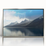 Mid-century modernist art depicting the Grand Tetons in muted earth tones on a framed acrylic panel.