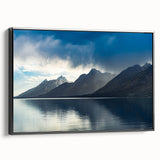 Black and white framed canvas of the Grand Tetons landscape, ideal for bedroom wall art in a vintage poster style.