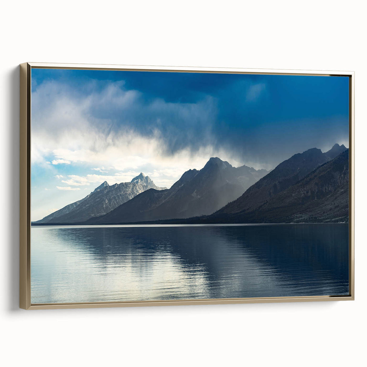 Framed canvas of the Grand Tetons in Wyoming, featuring a vintage landscape in gold and black tones, ideal for bedroom decor.