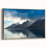 Framed canvas of the Grand Tetons in Wyoming, featuring a vintage landscape in gold and black tones, ideal for bedroom decor.
