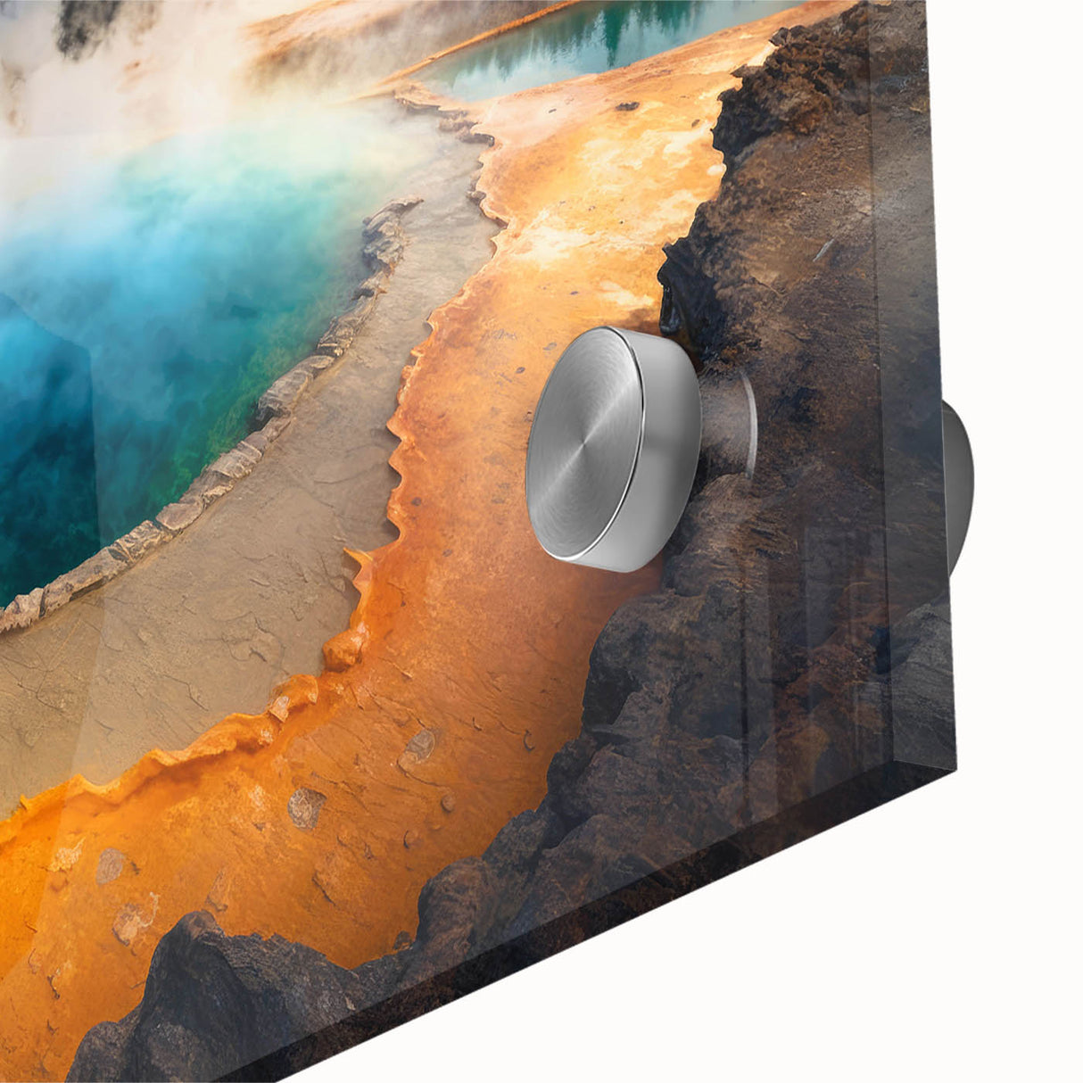 Acrylic print of a large abstract depiction of Yellowstone, featuring muted earth tones, ideal for dining room art.
