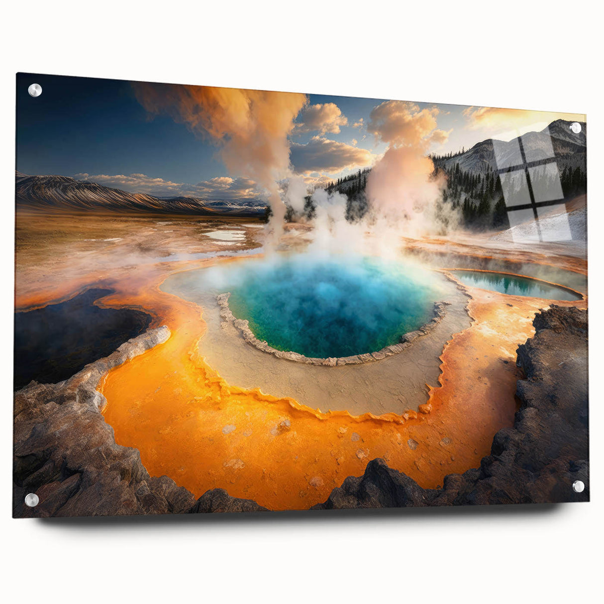 Acrylic print of Yellowstone scenery with vivid blue and green tones, suitable for bedroom or dining room decor.