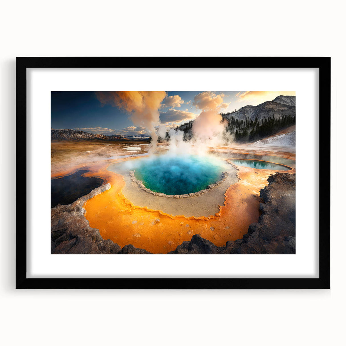 Abstract art print of Yellowstone with vibrant colors on a large, textured canvas, framed in black.