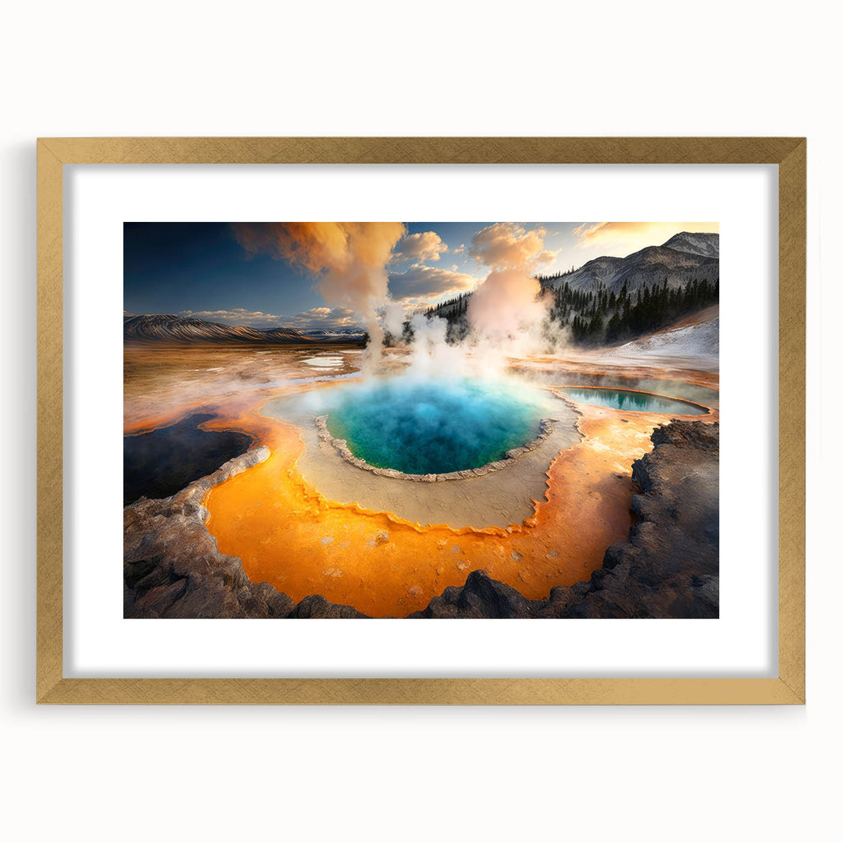 Extra large wall art depicting abstract Yellowstone scenery in textured gold tones, ideal for living room ambiance.
