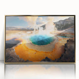 Framed acrylic print of Yellowstone landscape in muted earth tones, ideal for modern art wall decor.