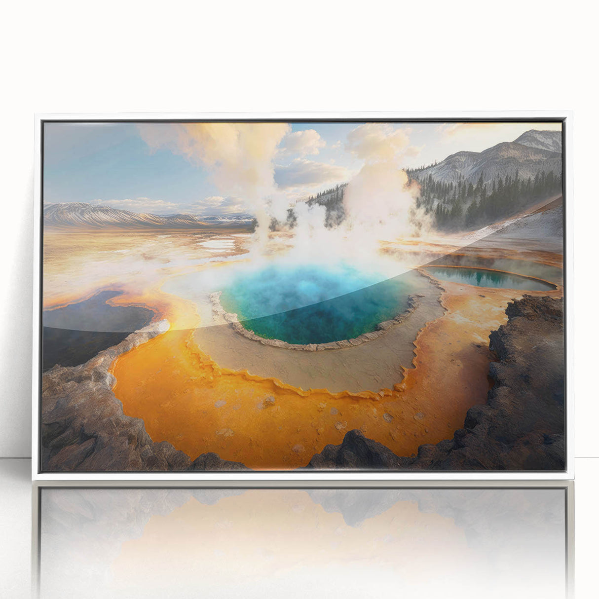 Art deco poster of Yellowstone scenery on white framed acrylic, ideal for modern nursery wall decor.