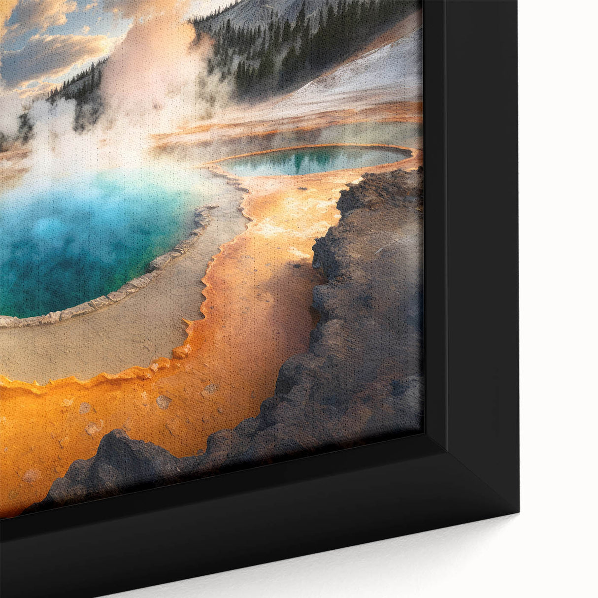Extra large framed canvas of Yellowstone scenery in black with vibrant, textured color details.