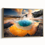 Framed canvas wall art depicting a vintage-style Yellowstone landscape with muted gold and black tones.