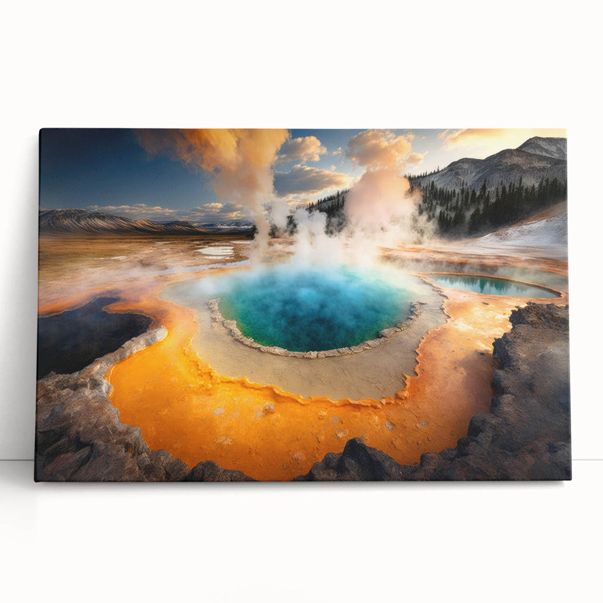 Black and white photograph of Yellowstone Park on stretched canvas, ideal for kitchen wall art or bedroom ambiance.