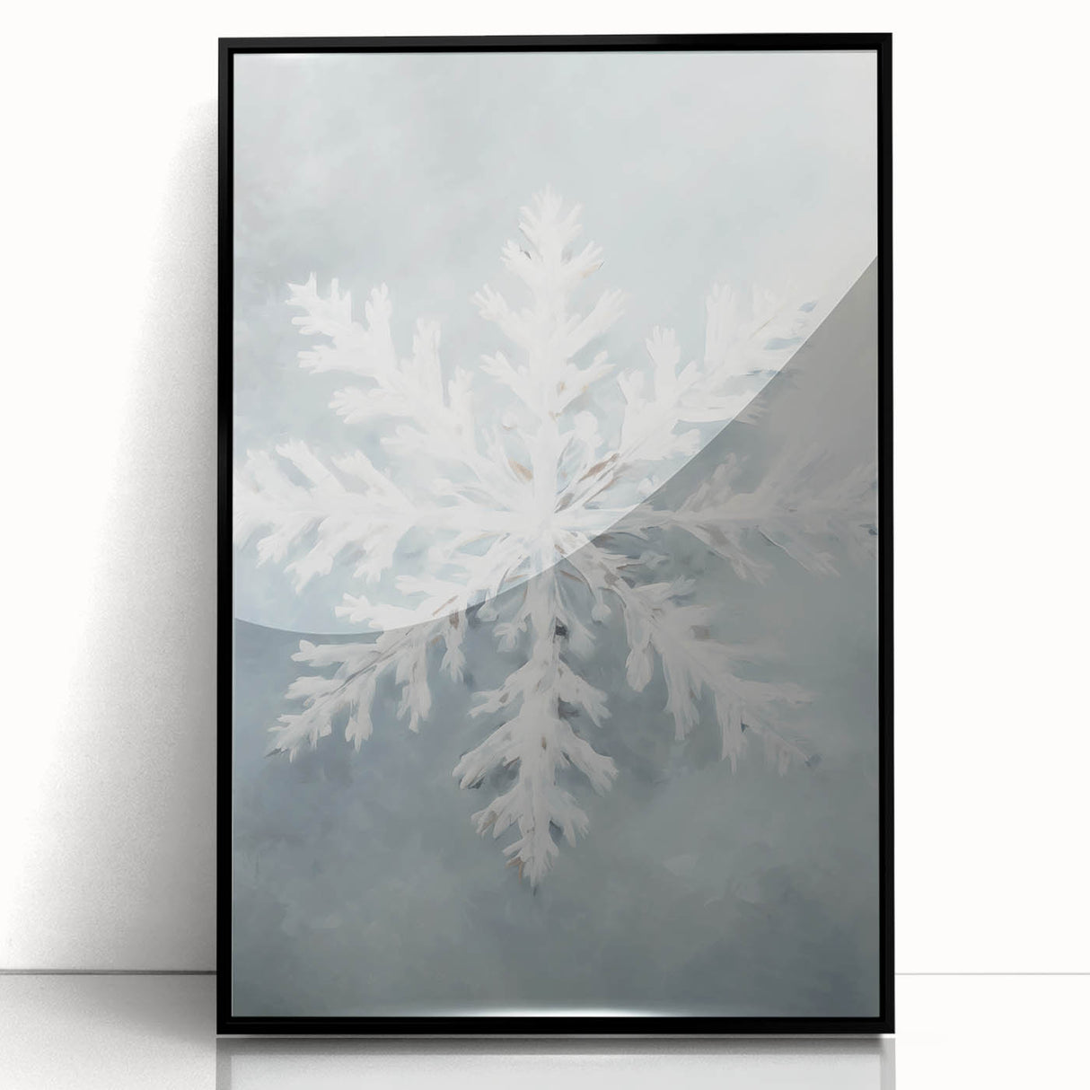 Large abstract wall art depicting a winter scene in muted blue and white tones, framed in black acrylic.