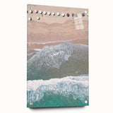 Large abstract wall art on acrylic glass showcasing swirling blue and white patterns.