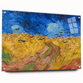 Large abstract wall art on acrylic glass depicting a swirling pattern in blue and yellow.