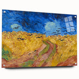 Large abstract wall art on acrylic glass depicting a swirling pattern in blue and yellow.