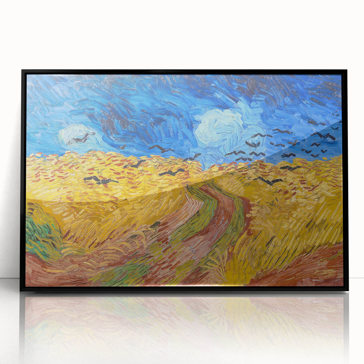 Large abstract wall art print featuring mid-century modernist design in vibrant hues on a framed acrylic.