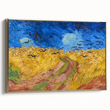 Framed canvas of Van Gogh-inspired landscape painting in muted gold and black tones, ideal for bedroom wall art.