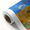 Art deco-style poster of a vibrant starry night scene on rolled canvas, ideal for nursery wall art.