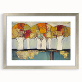 Abstract floral design framed in a silver mat, showcasing intricate patterns and vibrant colors, ideal for enhancing modern home decor aesthetics.