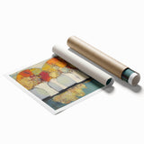 Abstract floral design rolled print showcasing vibrant colors of blue, pink, and yellow, featuring intricate patterns suitable for modern decor. Perfect for adding a touch of elegance to any room.