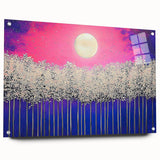 Abstract landscape acrylic glass artwork showcasing vibrant colors and geometric shapes, displayed in a side view with pins for hanging. Ideal for modern decor.