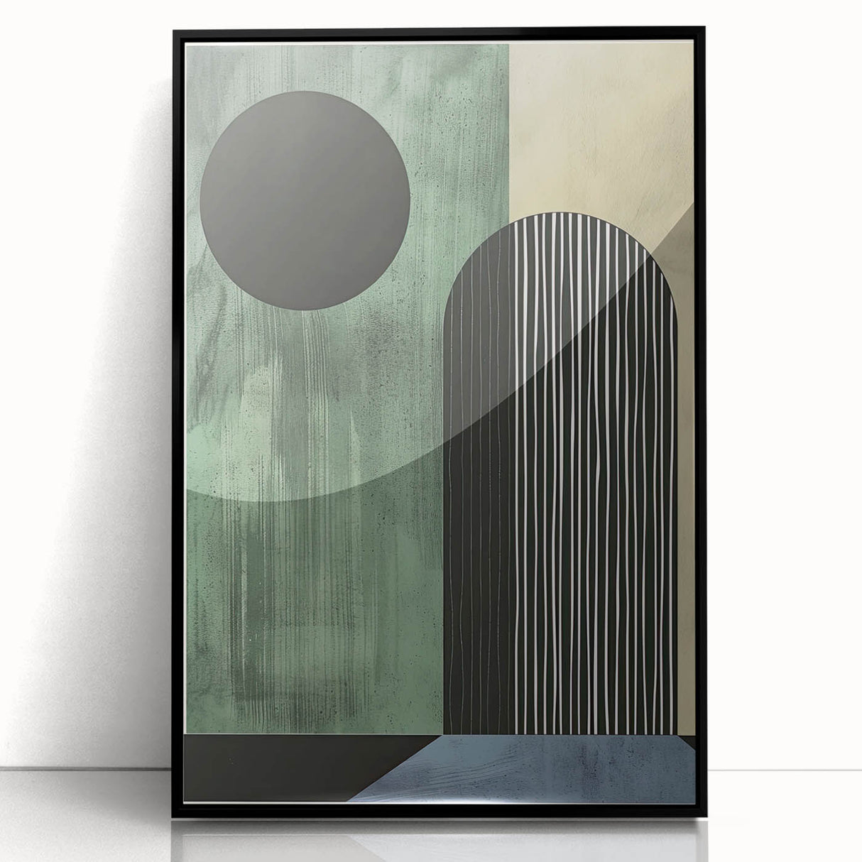 Minimalist abstract wall art featuring a black and white design, framed in sleek acrylic for a modern touch, ideal for enhancing contemporary home decor.