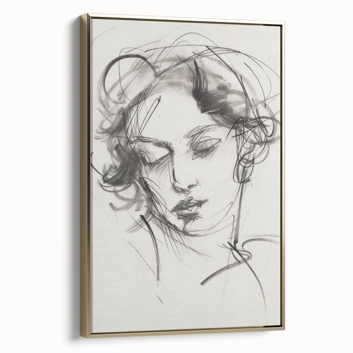 Framed abstract figurative artwork in gold, showcasing an elegant side view. Perfect for modern decor, this piece adds sophistication to any space.