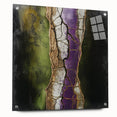 Abstract floral acrylic artwork displayed on a glass panel, showcasing vibrant colors and intricate details, secured with stylish pins, perfect for modern decor.