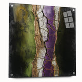 Abstract floral acrylic artwork displayed on a glass panel, showcasing vibrant colors and intricate details, secured with stylish pins, perfect for modern decor.