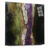Abstract floral acrylic artwork displayed on a glass panel, showcasing vibrant colors and intricate details, perfect for modern home decor.