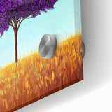 Close-up view of an abstract landscape artwork featuring vibrant colors and textures, printed on acrylic glass, ideal for modern home decor or gallery display.