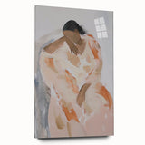 Abstract figurative acrylic artwork displayed in a glass frame, showcasing vibrant colors and dynamic shapes, perfect for modern home decor.
