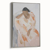 Framed abstract figurative canvas artwork with a silver frame, showcasing modern artistic design in a side view. Perfect for contemporary home decor.