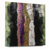 Abstract floral acrylic artwork displayed on a glass surface, showcasing vibrant colors and intricate patterns. Ideal for modern home decor, adding elegance and artistic flair.