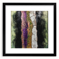 Abstract floral design framed in black with a mat, showcasing vibrant colors and intricate patterns, ideal for modern home decor and artistic settings.