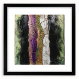 Abstract floral design framed in black with a mat, showcasing vibrant colors and intricate patterns, ideal for modern home decor and artistic settings.