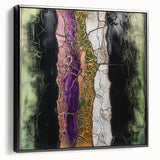 Framed canvas artwork showcasing an abstract floral design with vibrant colors, set against a sleek black frame, perfect for modern home decor.