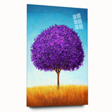 Abstract landscape artwork displayed on acrylic glass, featuring vibrant colors and fluid shapes, ideal for modern home decor. Side view showcases its sleek design and glossy finish.