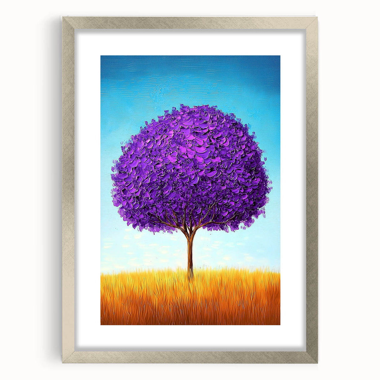 Abstract landscape artwork framed in silver with a white mat, showcasing vibrant colors and fluid shapes, perfect for modern home decor.