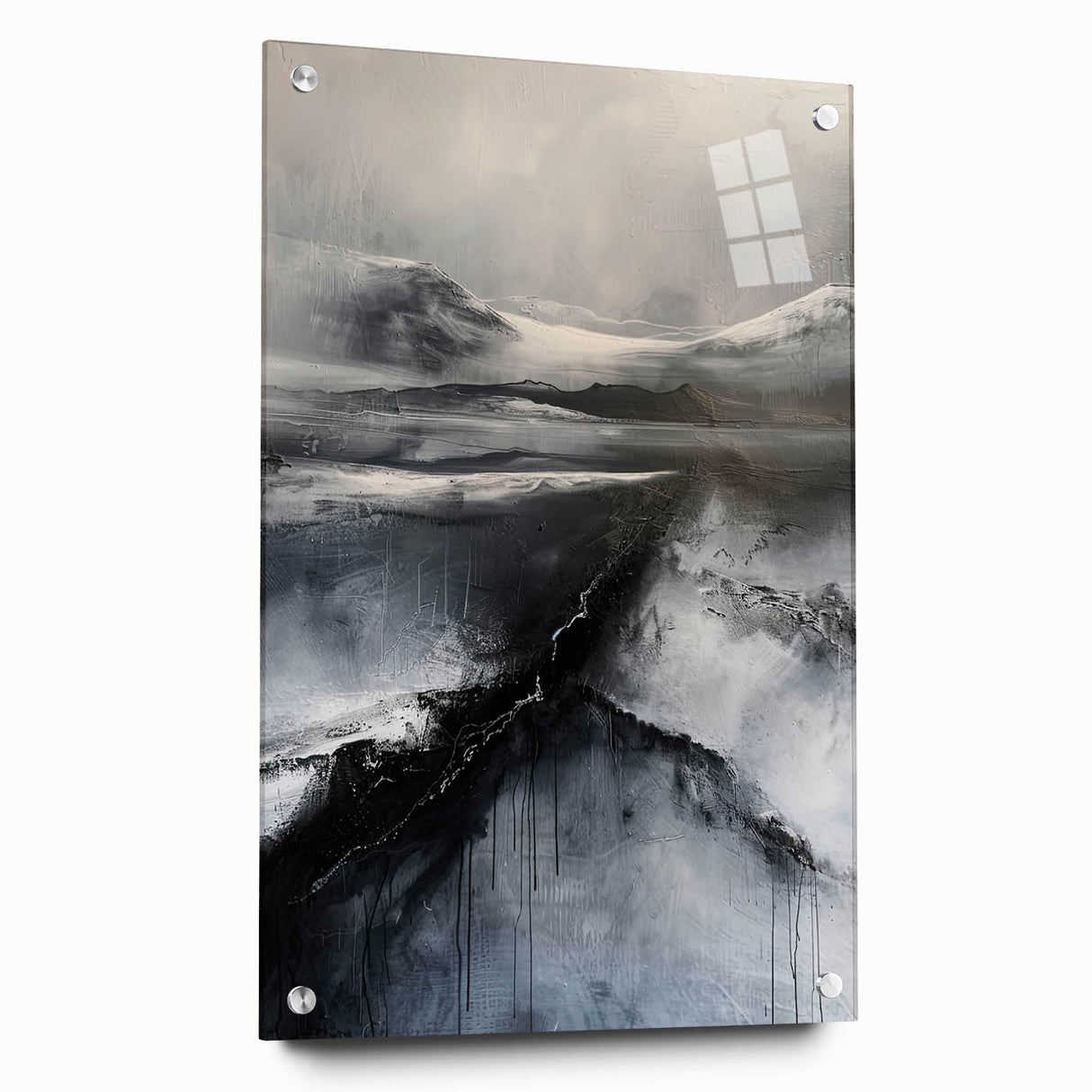 Abstract minimalist wall art piece displayed in a side view, featuring vibrant colors and geometric shapes, secured with pins on an acrylic glass surface, enhancing modern decor aesthetics.