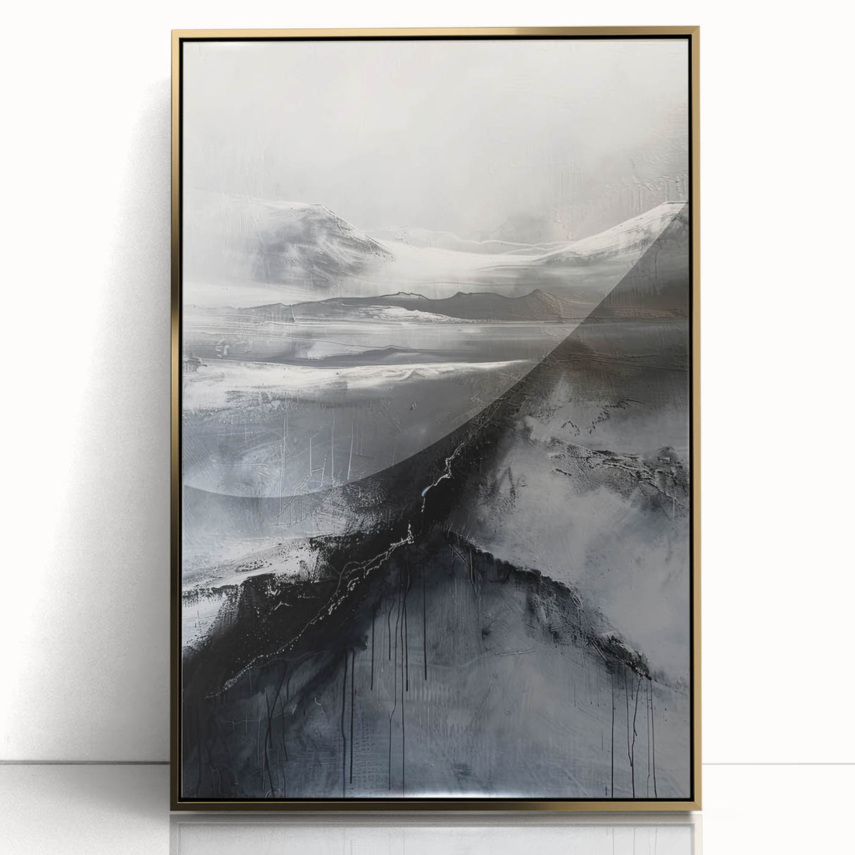 Framed minimalist abstract wall art featuring gold accents set against a neutral background, ideal for modern home decor and art enthusiasts. This elegant piece adds a touch of sophistication to any interior space.