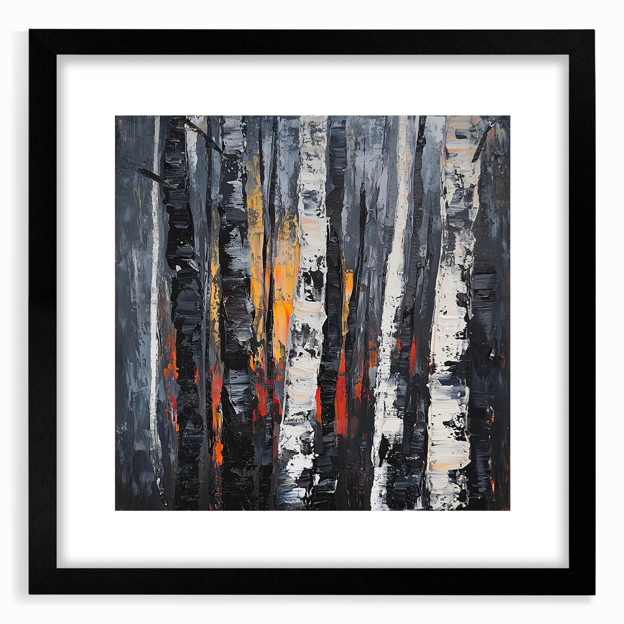 Abstract floral frame with a sleek black mat, showcasing a vibrant, colorful design perfect for modern decor. Ideal for enhancing living spaces or galleries.