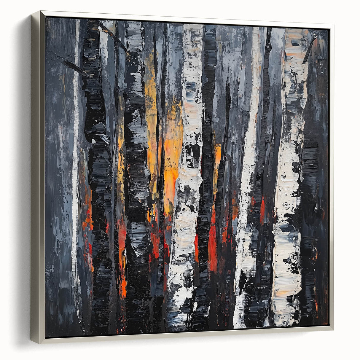 Framed canvas artwork showcasing abstract floral designs in vibrant colors with a sleek silver frame, ideal for modern home decor or office styling.