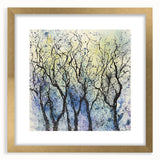 Abstract floral frame art showcasing vibrant colors, elegantly bordered in gold, with a textured mat, designed to enhance modern decor aesthetics.