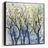 Framed canvas artwork showcasing abstract floral designs in vibrant colors, set against a black background, highlighting intricate details and modern elegance. Ideal for contemporary home decor, this piece adds a touch of sophistication to any room.