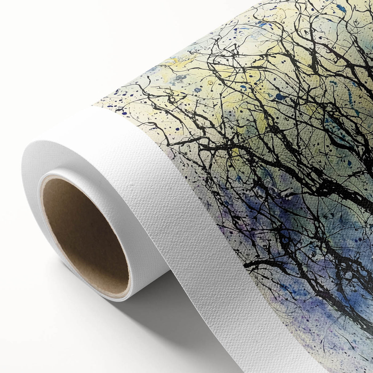 Abstract floral design on a rolled canvas, showcasing vibrant colors and intricate patterns, ideal for modern home decor or artistic display. Packaged securely in a cardboard tube for safe shipping and handling.