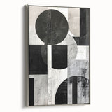 Framed abstract minimalist wall art featuring soft silver tones and geometric shapes, ideal for modern home decor. Side view highlights its sleek design.